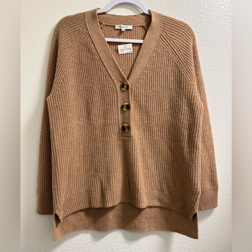 Madewell Ribbed Lyle Henley Sweater Button Wool Blend Heather Saddle Women Small